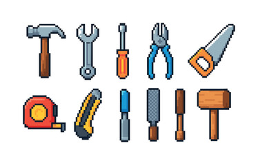Fototapeta premium Tools pixel icon set. diy, carpentry, pixelated tool icons outline collection.