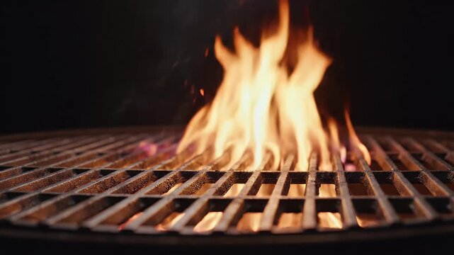 Grate with flames flickering below, against a dark background
