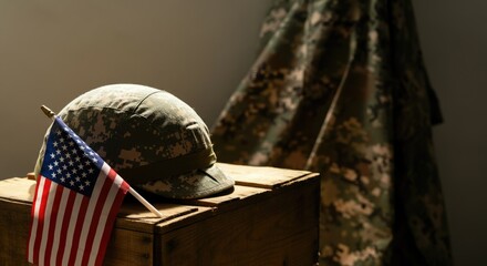 Obraz premium American military helmet and small US flag on a wooden crate with a camouflage uniform draped in the background