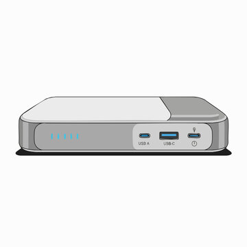 Power bank vector illustration with USB ports; portable battery pack design for electronic device charging; gadget icon on white