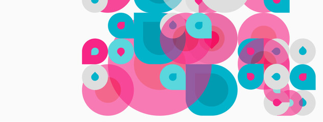 Fototapeta premium Abstract circles overlap, creating playful pink, teal hues. White background provides contrast, simple design.