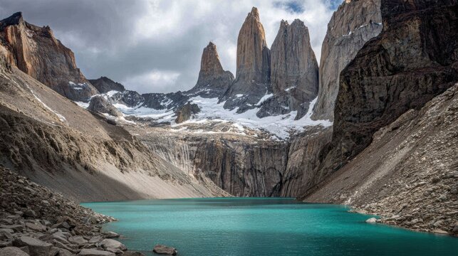Dramatic view of the granite spires of torres del paine national park with a turquoise glacial lake in the foreground under a cloudy sky
