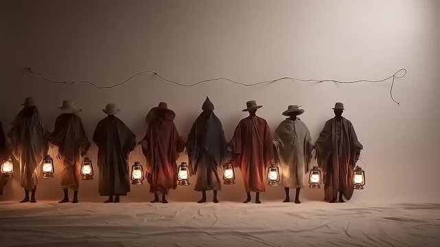 A silent procession under ambient lighting, a mysterious gathering of figures with lanterns, an artistic and intriguing scene