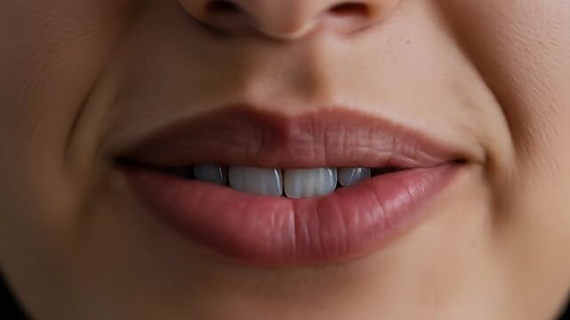Extreme close-up of a wide, genuine smile showing white, healthy teeth and pink lips
