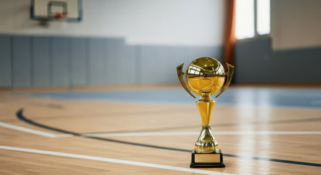Golden basketball trophy standing on a hardwood court near a hoop, symbolizing championship victory in an indoor gymnasium