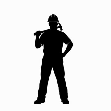Silhouette of construction worker in hard hat holding hammer on shoulder isolated design element for building trades and contractor services