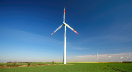 Fototapeta premium Tall white wind turbine in a green agricultural field under a clear blue sky, part of a distant wind farm with sunlight and rural landscape