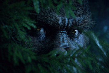 Gorilla face hidden in dark green foliage