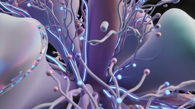 Abstract 3D visualization of purple neural network with glowing blue electric impulses flowing through dendrites and synapses in a dark microscopic environment