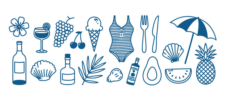 Blue Outline Icons of Summer Vacation and Food Items on a White Background beach holiday