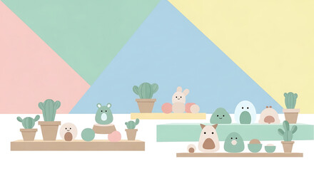 Fototapeta premium A colorful vector illustration of cute cartoon cacti and animals on shelves against a pastel geometric background