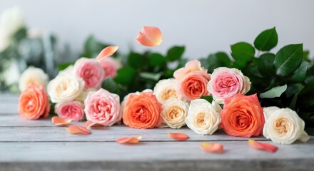 Obraz premium Peach, pink and cream roses arranged on a rustic wooden table with scattered petals and green leaves, soft-focused floral still life