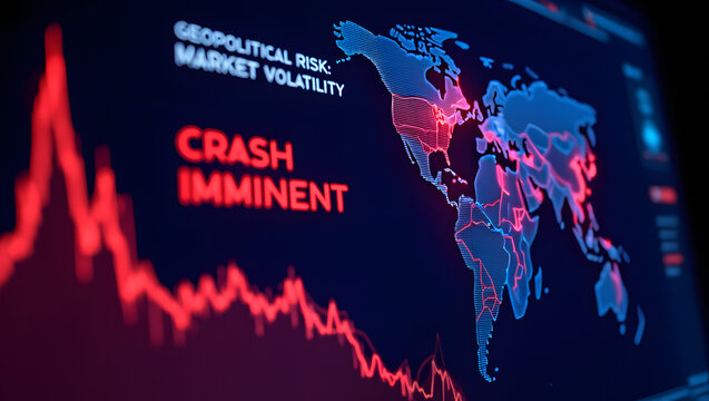 Market Volatility: Economic uncertainties and impending market crashes are vividly displayed on a digital screen, with downward trending graphs and global maps in red.