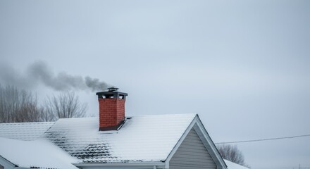 Naklejka premium Snow-covered house roof with brick chimney emitting smoke under an overcast winter sky