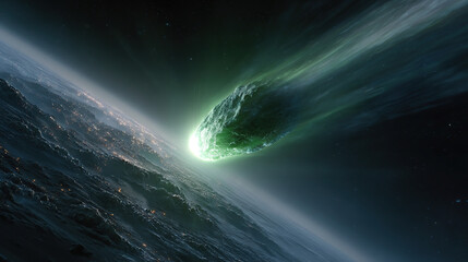 Comet approaching Earth with green glowing tail