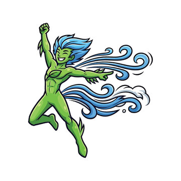 Green Energetic character jumping with blue wave swirls behind
