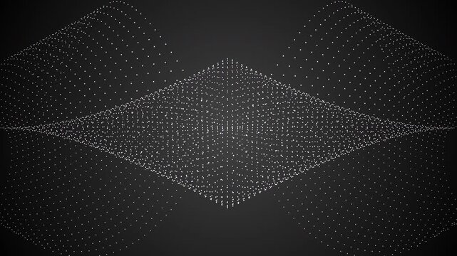 Abstract deep space gradient background animation featuring glowing light particles forming a diamond shaped structure that rolls smoothly in horizontal motion.