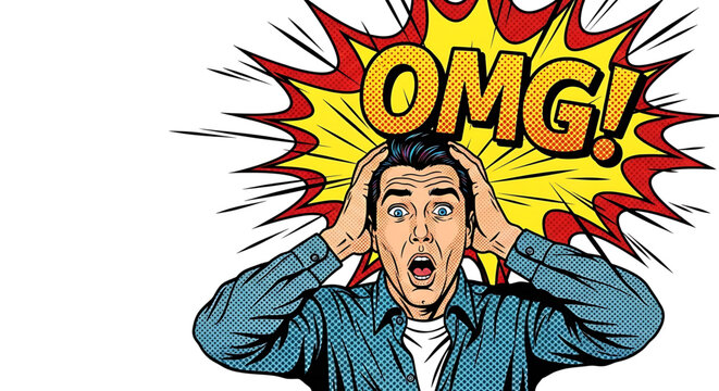 A cartoon man with a shocked expression and his hands on his head, surrounded by a comic book-style explosion with the words 'OMG!'