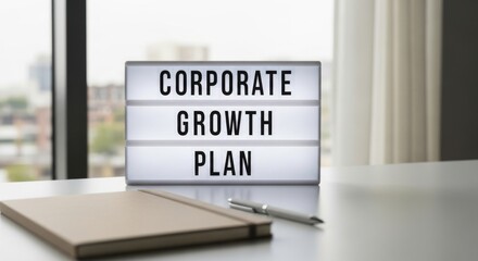 Corporate Growth Plan Message Board with Notebook and Pen on Desk