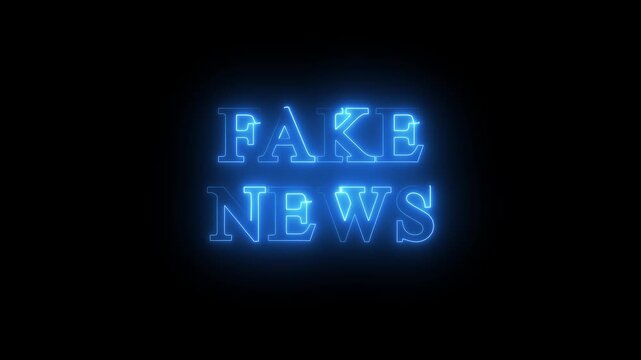 Glowing neon fake news text sign on dark background. Bright red and blue luminous typography with warning concept. Modern media misinformation theme, digital propaganda, online rumors