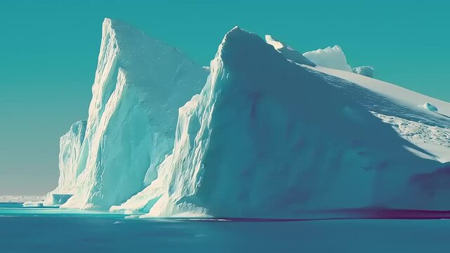 Arctic expanse: Majestic ice formations adrift on tranquil waters under a clear, endless sky, showcasing nature's sublime grandeur