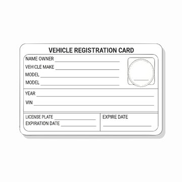 Vehicle registration card template with blank spaces for name vehicle make model year VIN license plate and expiration dates