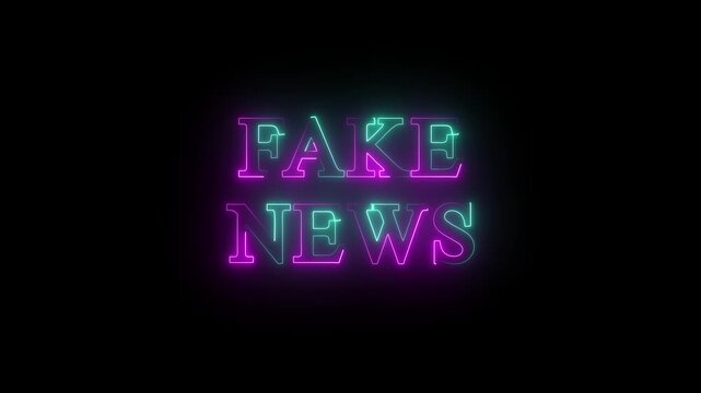 Glowing neon fake news text sign on dark background. Bright red and blue luminous typography with warning concept. Modern media misinformation theme, digital propaganda, online rumors