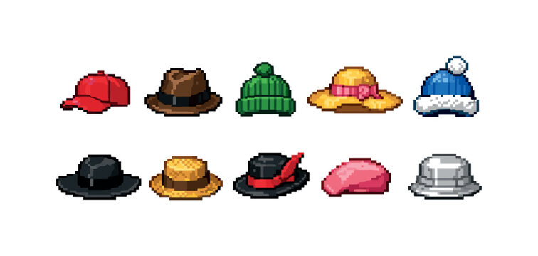 Hats and caps pixel icon set. retro, stylish hat icons outline collection