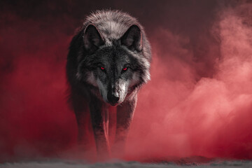 Mysterious gray wolf emerging from red smoke
