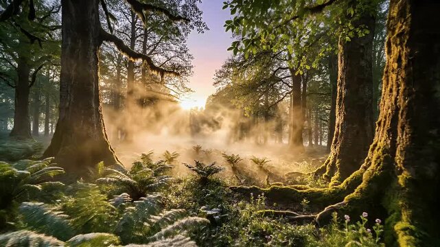 Sunbeams pierce misty forest floor, illuminating ferns and ancient trees