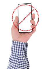 Smartphone with Prohibition Sign in Male Hand &ndash; Mobile App Ban Concept Template , Social Media Restrictions or Parental Control