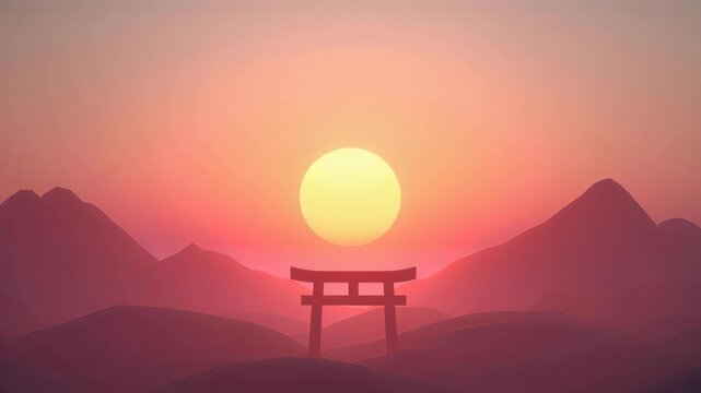 Zen Sunset Serenity: A minimalist illustration of a traditional Torii gate silhouette, elegantly positioned against a backdrop of rolling hills and a mesmerizing sunset.