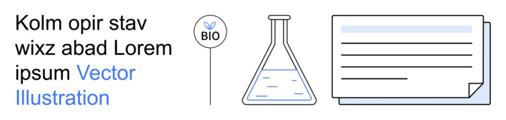 Biotechnology, research documentation, science experiments, lab equipment, environmental studies, educational material. Flask with liquid, bio label paper. Science experiments and biotechnology