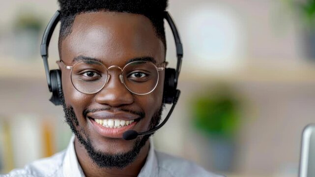 Cheerful Support Specialist: A close-up shot of a customer service representative wearing a headset, exuding a friendly and approachable demeanor, offering assistance and support to customers.