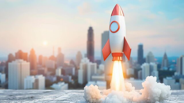 Soaring Ambition: A vibrant rocket bursts from a launchpad against the backdrop of a modern city skyline. A visualization of innovation, ambition, and the pursuit of new frontiers.