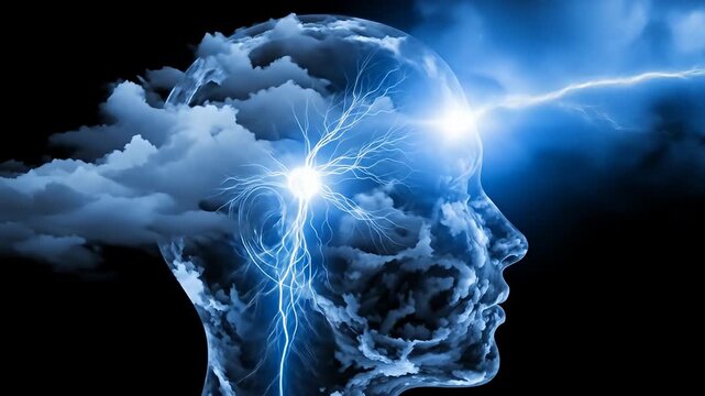 A surreal representation of a human head surrounded by stormy clouds and electric energy