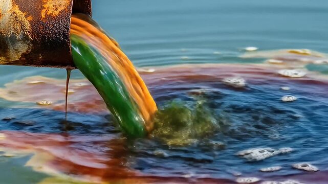 Polluted water flows from a rusted pipe into a body of water with rainbow slick