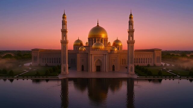 Magnificent mosque with golden domes reflected in calm waters at sunset