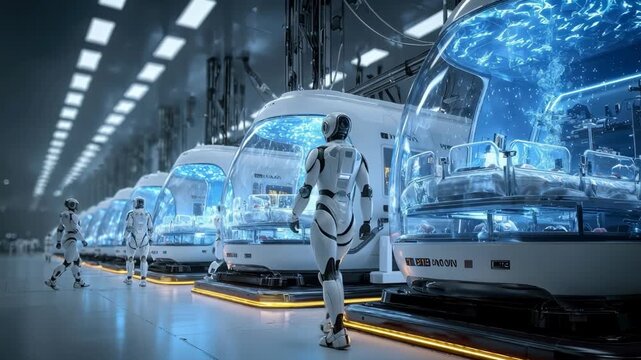 Medical laboratory with ai robots walking past stasis pods. Futuristic androids in a high-tech facility with glowing blue hibernation capsules. Science fiction biotechnology concept