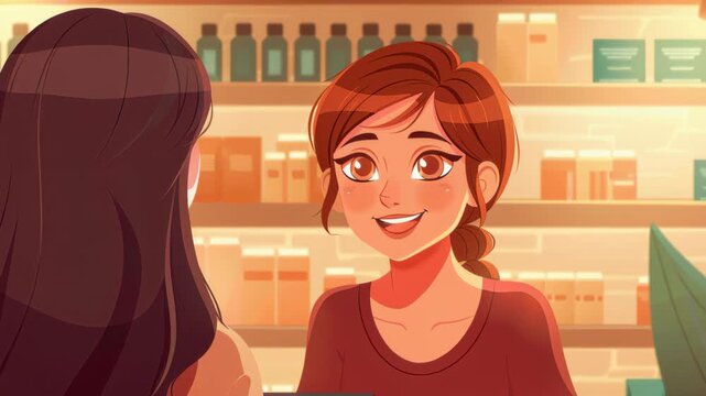 Friend in Shop: Two friendly individuals engage in a conversation inside a shop, creating a friendly atmosphere and conveying social interaction.