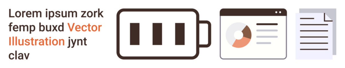 Data management, analytics, workflow efficiency, digital tools, energy tracking, productivity. Battery icon, analytics graph and document. Data management and analytics concepts