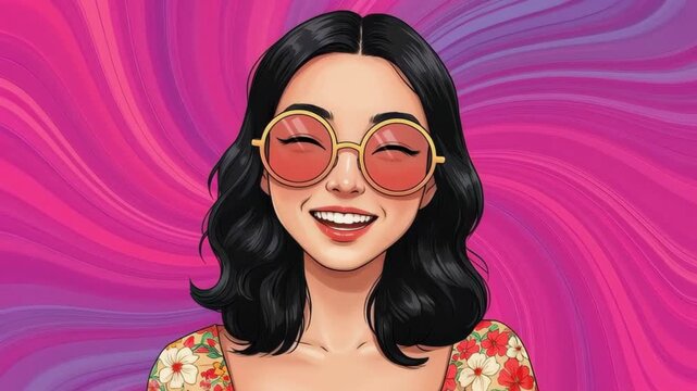 Bohemian Chic: a portrait of a woman with black hair smiling and wearing sunglasses against a colourful background. A fusion of elegance and vibrancy.