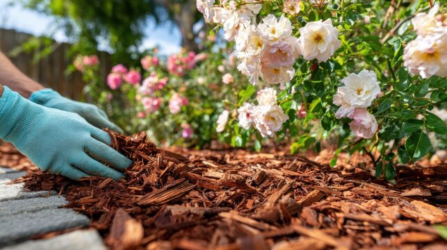 Gardener wearing blue gloves spreading fresh reddishbrown wood mulch around blooming light pink and white roses in a garden bed