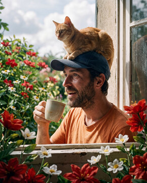 Smiling man drinking coffee at a window with a ginger cat on his head

