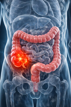 High-resolution 3D medical illustration of colitis with anatomically accurate colon, transparent torso effect and glowing red inflammation focus, clinical lighting, dark background.

