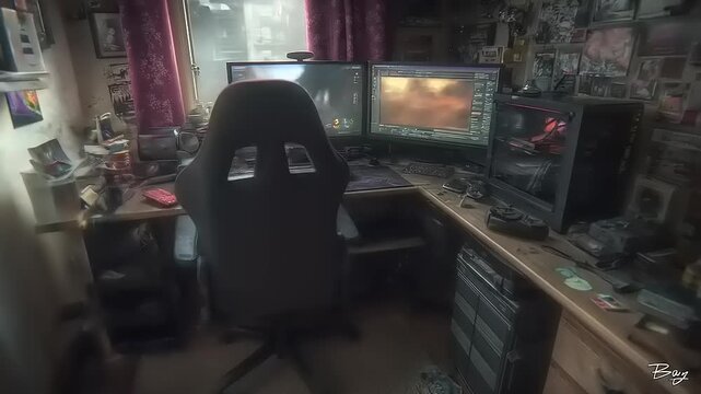 Highly Detailed Gaming Room Setup with Dual Monitors, Powerful PC, and Collectibles Displayed in a Cozy Space
