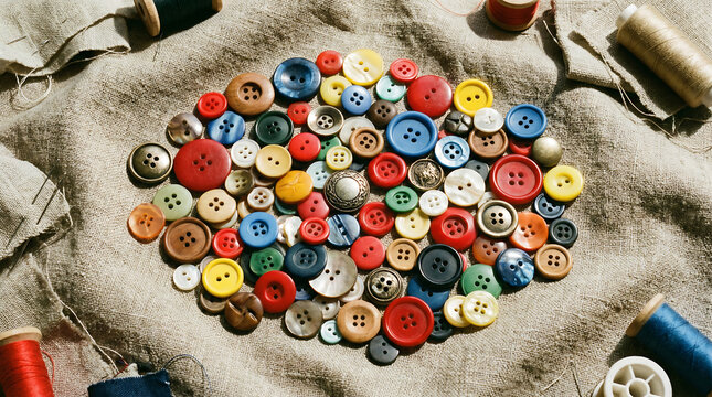 A Vibrant Assortment of Mismatched Vintage Buttons Gathered on a Textured Fabric Surface