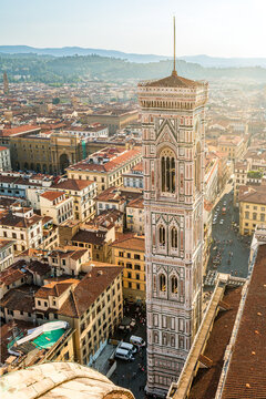 Aerial view of Florence Italy skyline and Giotto Bell Tower on a sunny summer afternoon.