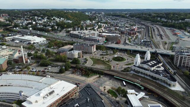 Aerial view of Worcester Massachusetts - American city skyline 