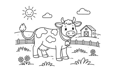 Fototapeta premium Cute cartoon cow with bell on a farm with a barn and sunny sky, line art illustration